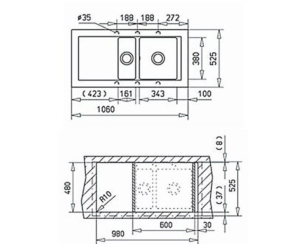 Кухонная мойка  AURA 60B TG 88405:Чертеж 