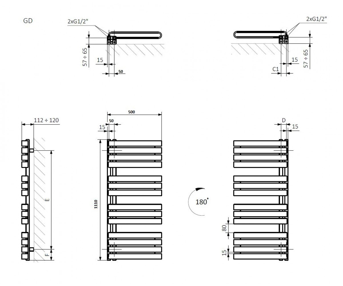 Полотенцесушитель 1110х500  WARP S WGWAS111050KS96GD:Чертеж 