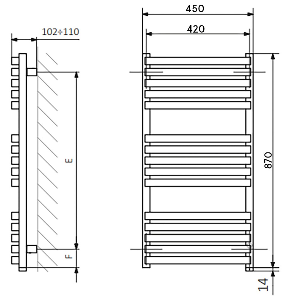 WWQSN087045K9M5E8P рушникосушка електрична Quadrus Slim One 870-450, колір чорний мат RAL 9005, приховане підключення справа (1 