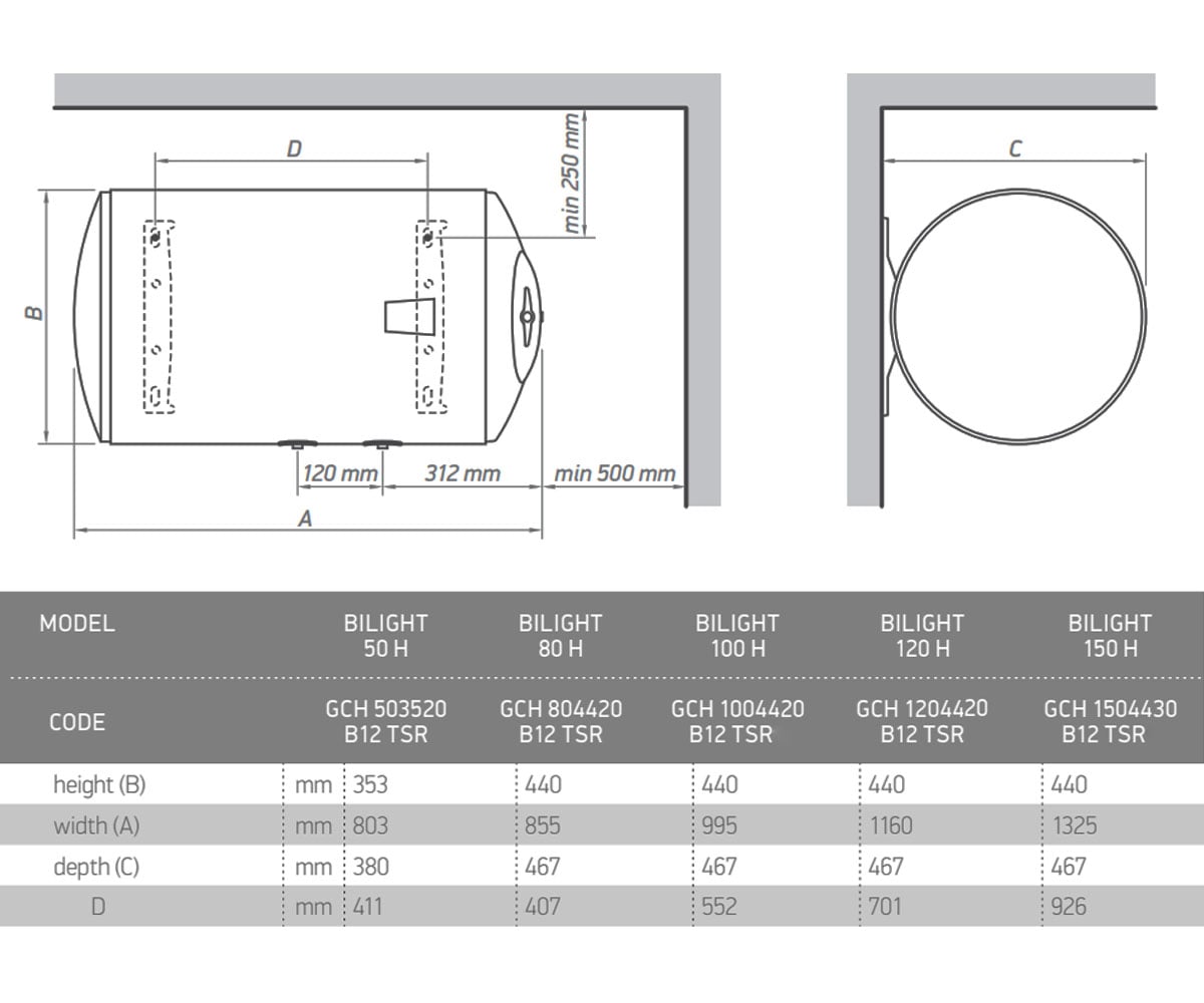 Бойлер горизонтальный 150 л  BILIGHT GCH 15044 30 B12 TSR:Чертеж 