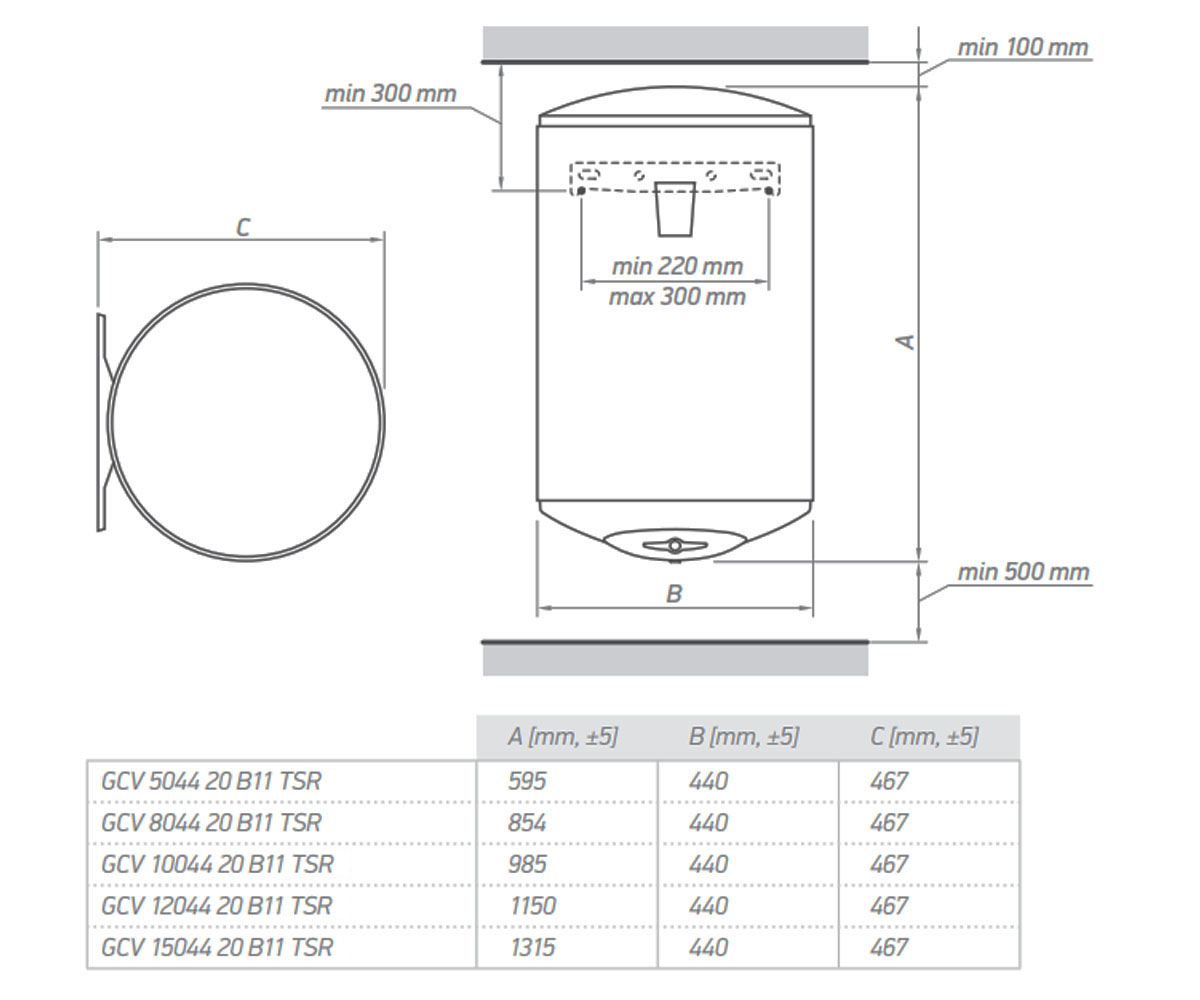 Бойлер вертикальный 120 л 2 квт  BILIGHT GCV 12044 20 B11 TSR:Чертеж 