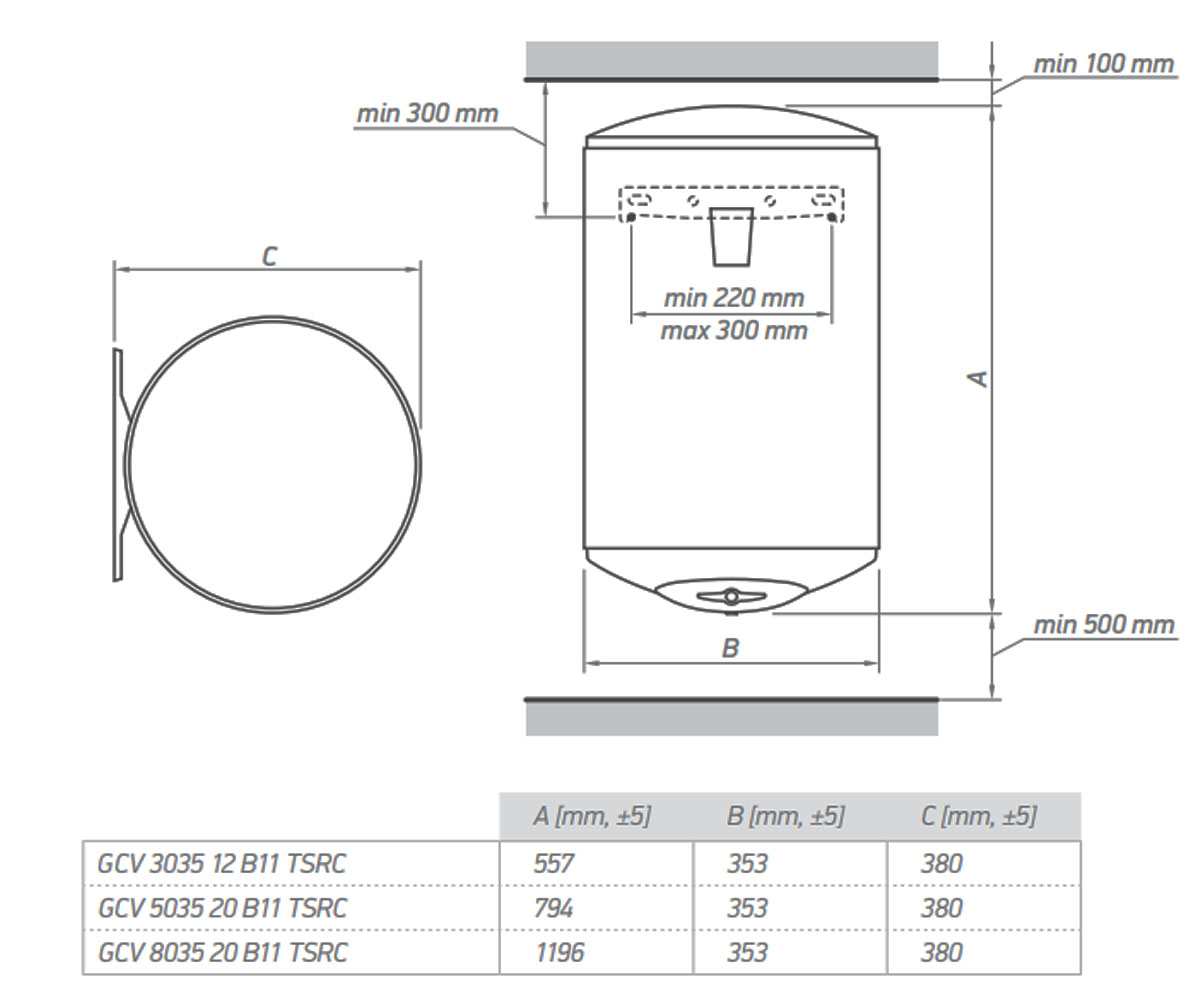 Вертикальный бойлер 80 л  BILIGHT SLIM GCV 8035 20 B11 TSRC:Чертеж 