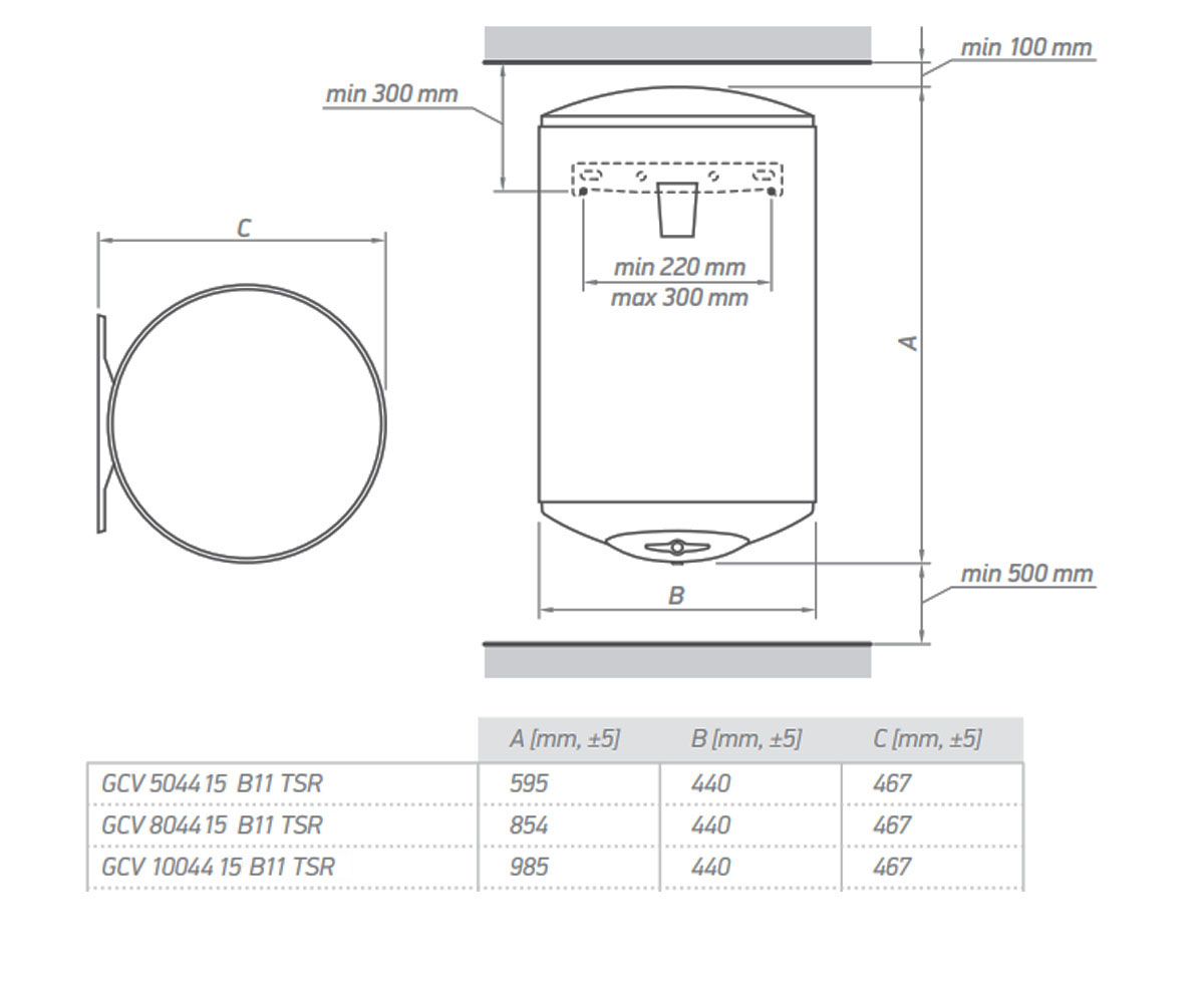 Вертикальный бойлер 80 л 1,5 квт  BILIGHT GCV 8044 15 B11 TSR:Чертеж 