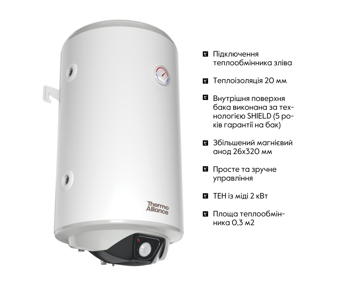 Водонагреватель электрический комбинированный Thermo Alliance вертикальный 80 л. т.о. 0,24 кв.м левый, мокрый тэн 2,0 квт (CWH 8
