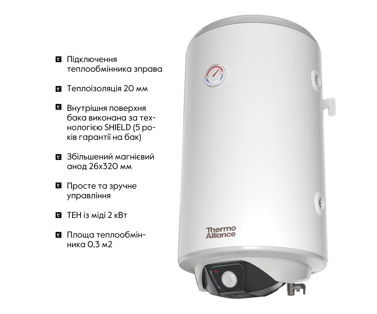Водонагреватель электрический комбинированный Thermo Alliance вертикальный 80 л. т.о. 0,24 кв.м правый, мокрый тэн 2,0 квт (CWH 