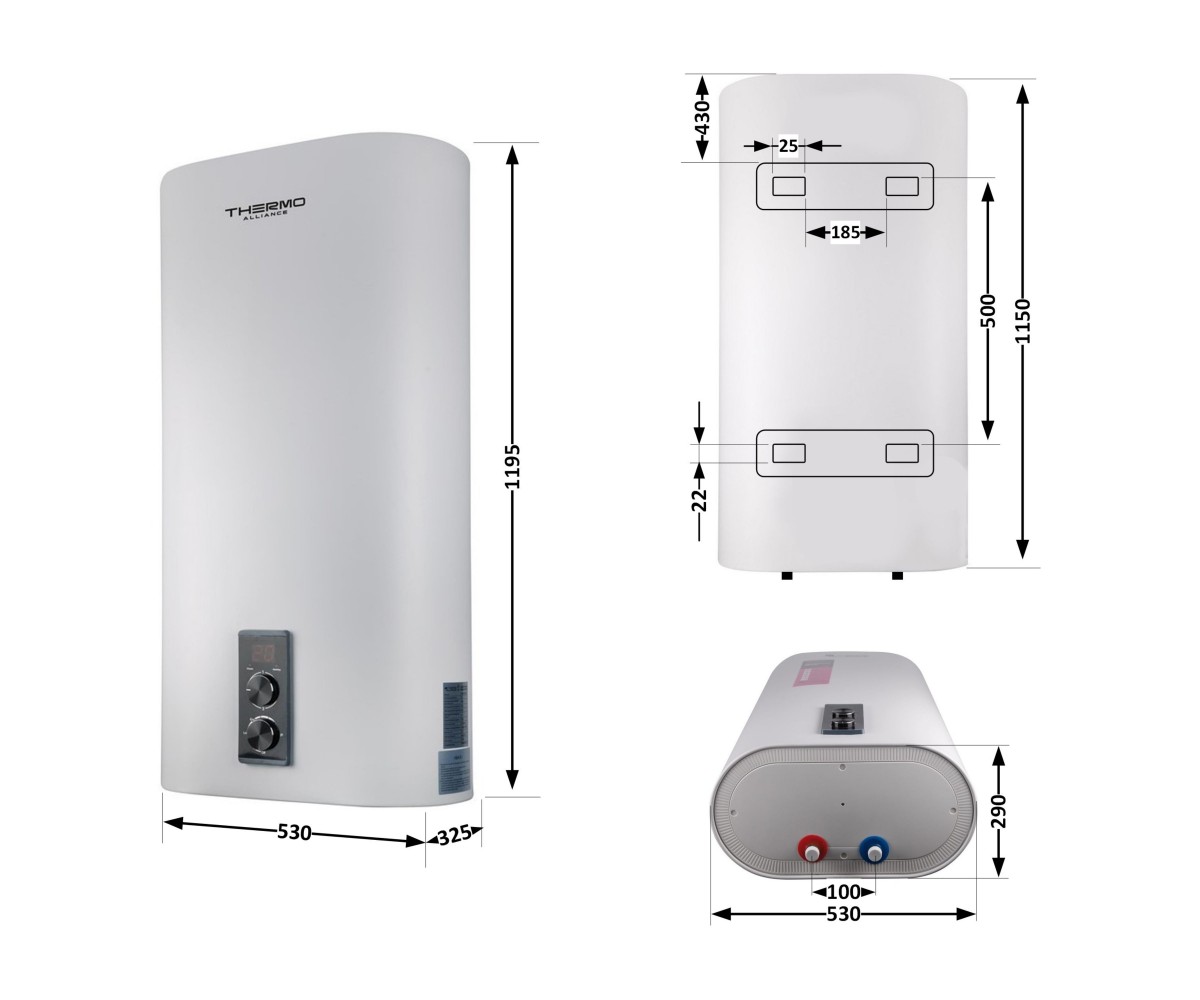 Водонагреватель электрический Thermo Alliance 100 л плоский вертикальный, сухой тэн 2 квт (0,8+1,2) DT100V20G(PD)-D/2  DT100V20G