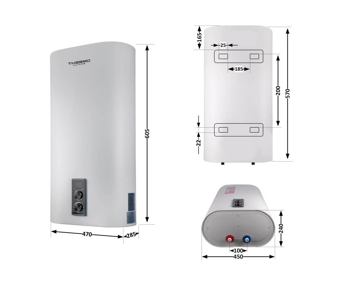 Водонагреватель электрический Thermo Alliance 30 л плоский вертикальный, мокрый тэн 2 квт (0,8+1,2) DT30V20G(PD)/2  DT30V20GPD2: