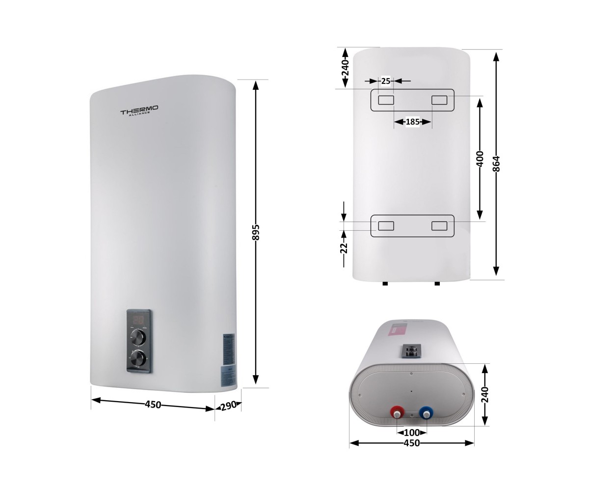 Водонагреватель электрический Thermo Alliance 50 л плоский вертикальный, сухой тэн 2 квт (0,8+1,2) DT50V20G(PD)-D/2  DT50V20GPDD