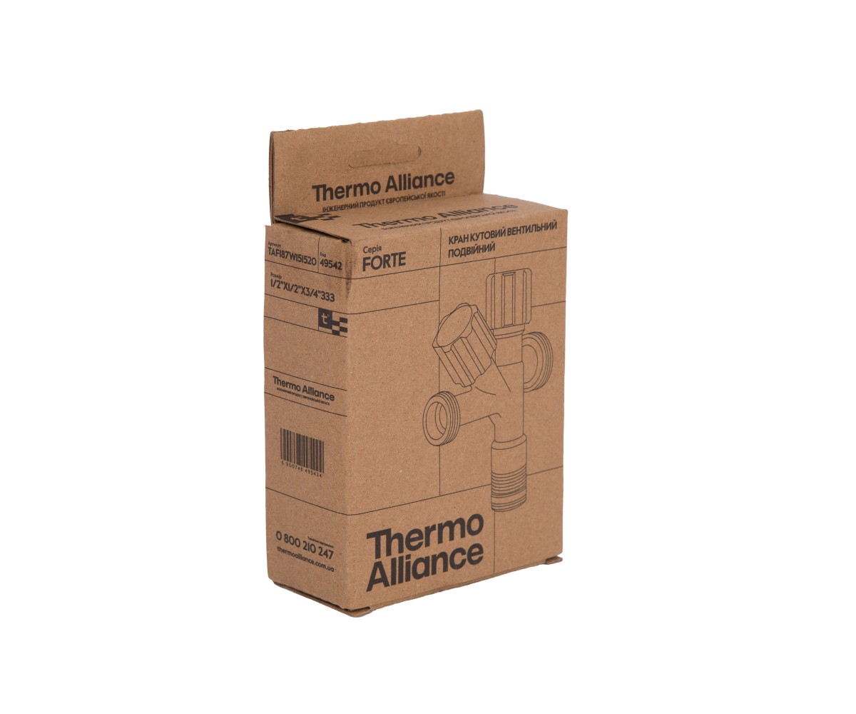 Кран угловой Thermo Alliance Forte двойной вентельный 1/2"н х 1/2"н х 3/4"н, хром TAF187W151520  TAF187W151520:Фото 1