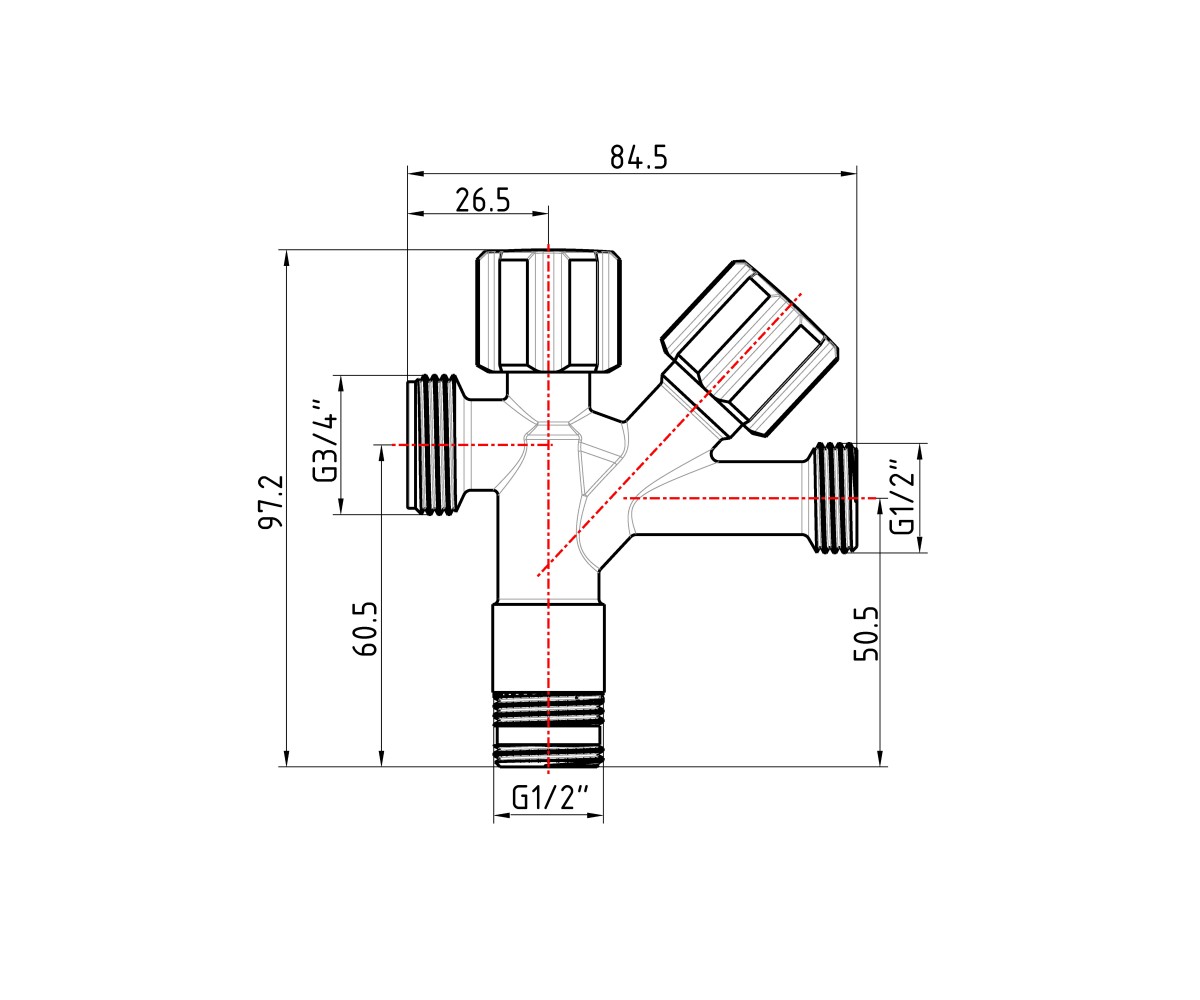 Кран угловой Thermo Alliance Forte двойной вентельный 1/2"н х 1/2"н х 3/4"н, хром TAF187W151520  TAF187W151520:Фото 2
