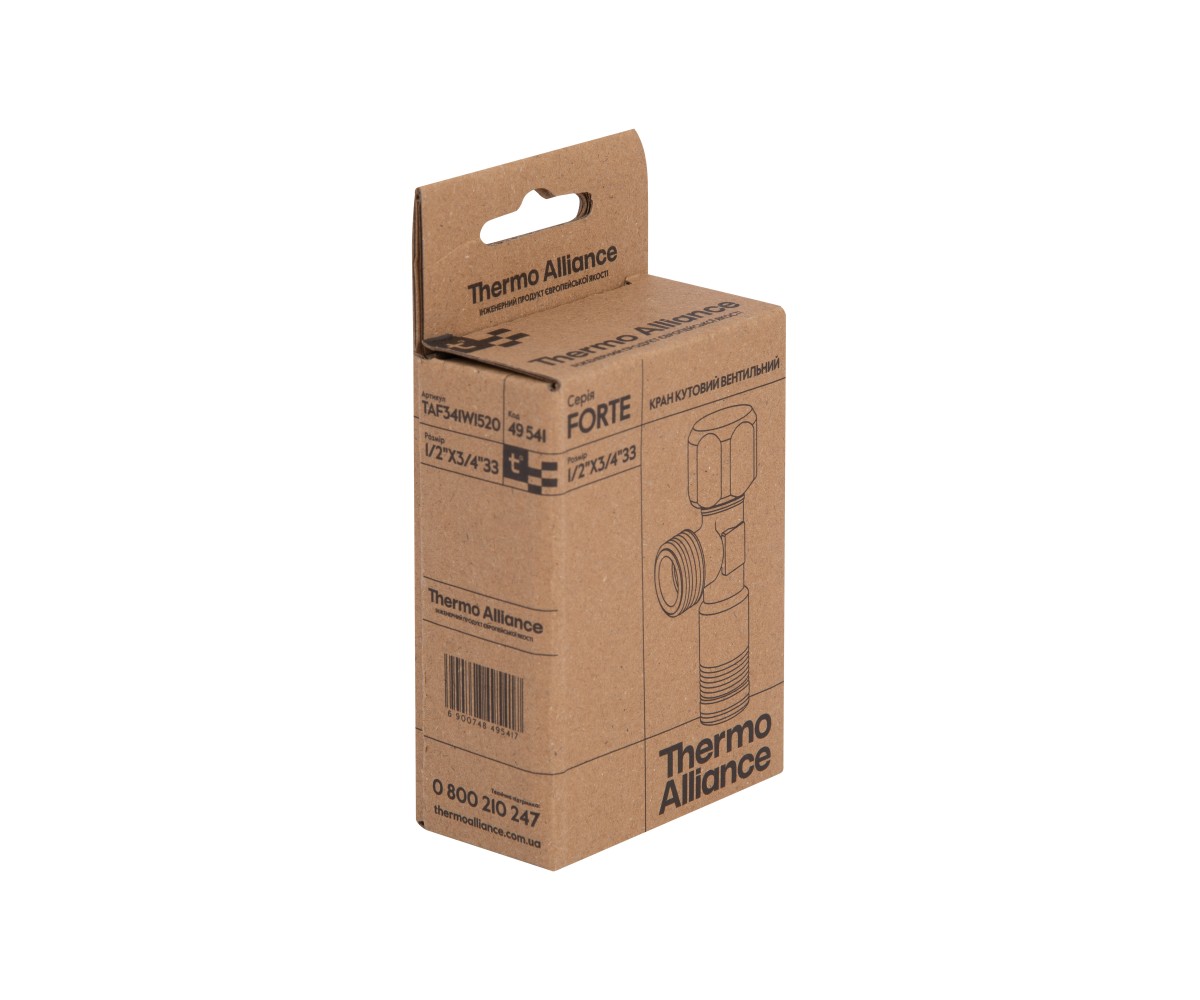Кран угловой Thermo Alliance Forte вентельный 1/2"н×3/4"н, хром TAF341W1520  TAF341W1520:Фото 1