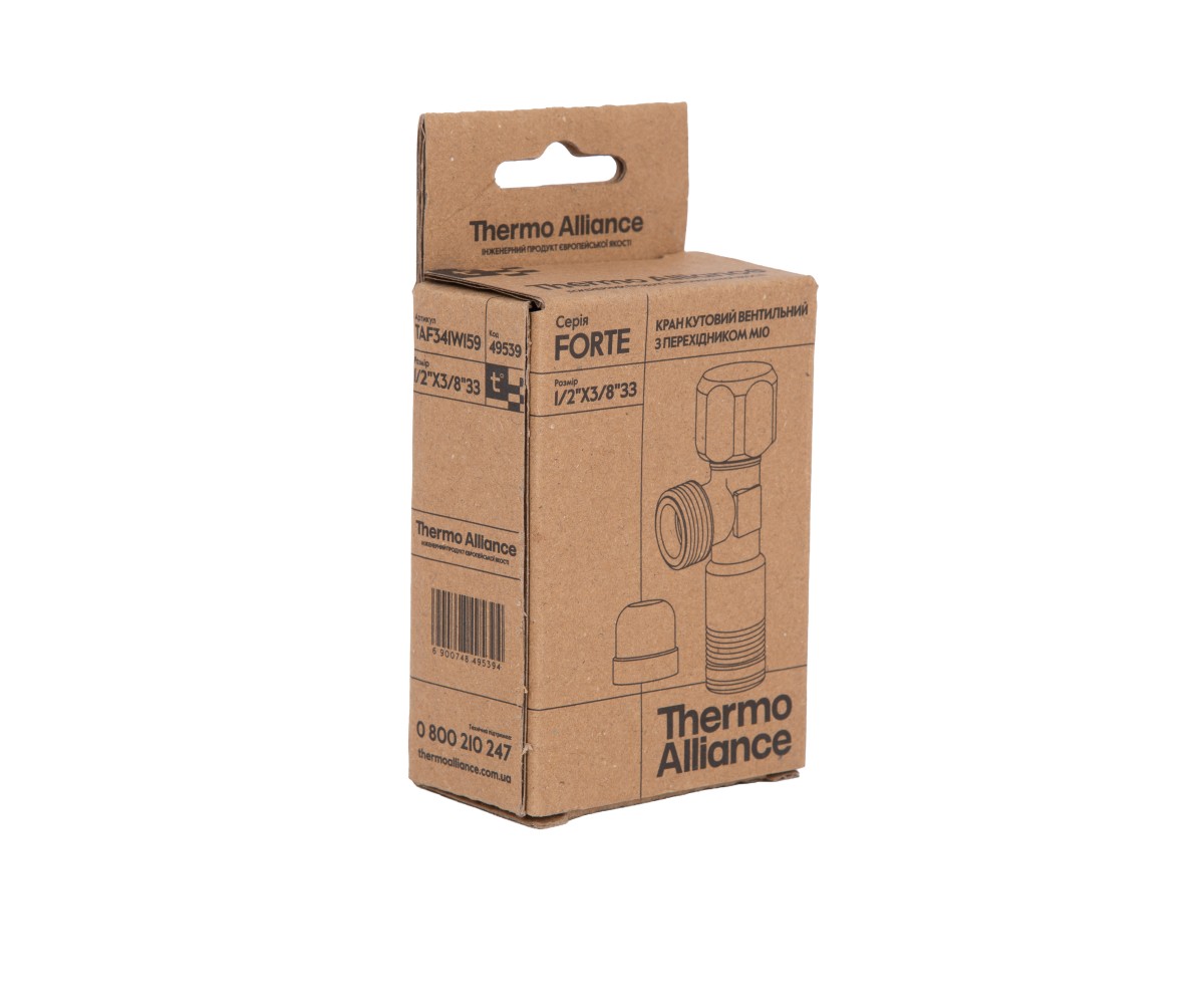 Кран угловой Thermo Alliance Forte вентельный 1/2"нх3/8"н с переходником M10, хром TAF341W159  TAF341W159:Фото 1