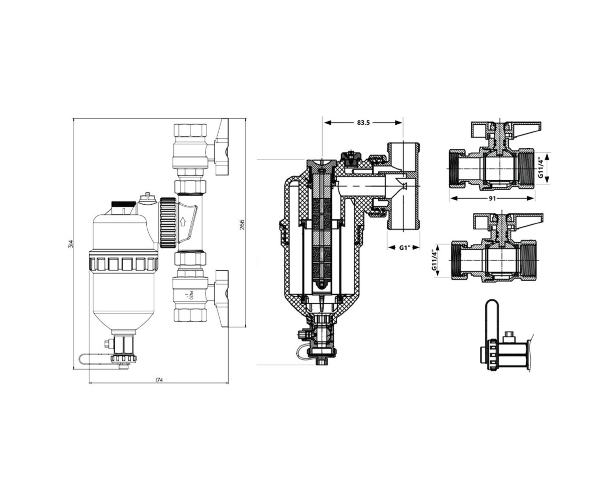 Фильтр-дешламатор Thermo Alliance Forte 1 1/4, поворотный (магнитный шламоуловитель) TAF400G32  TAF400G32:Чертеж 
