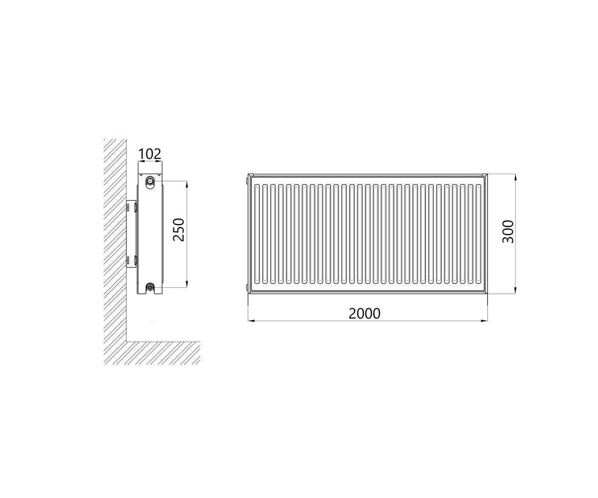 Радиатор стальной Thermo Alliance IMAS 22 тип 300х2000 нижнее подключение 2476 вт  TAI223002000V:Чертеж 