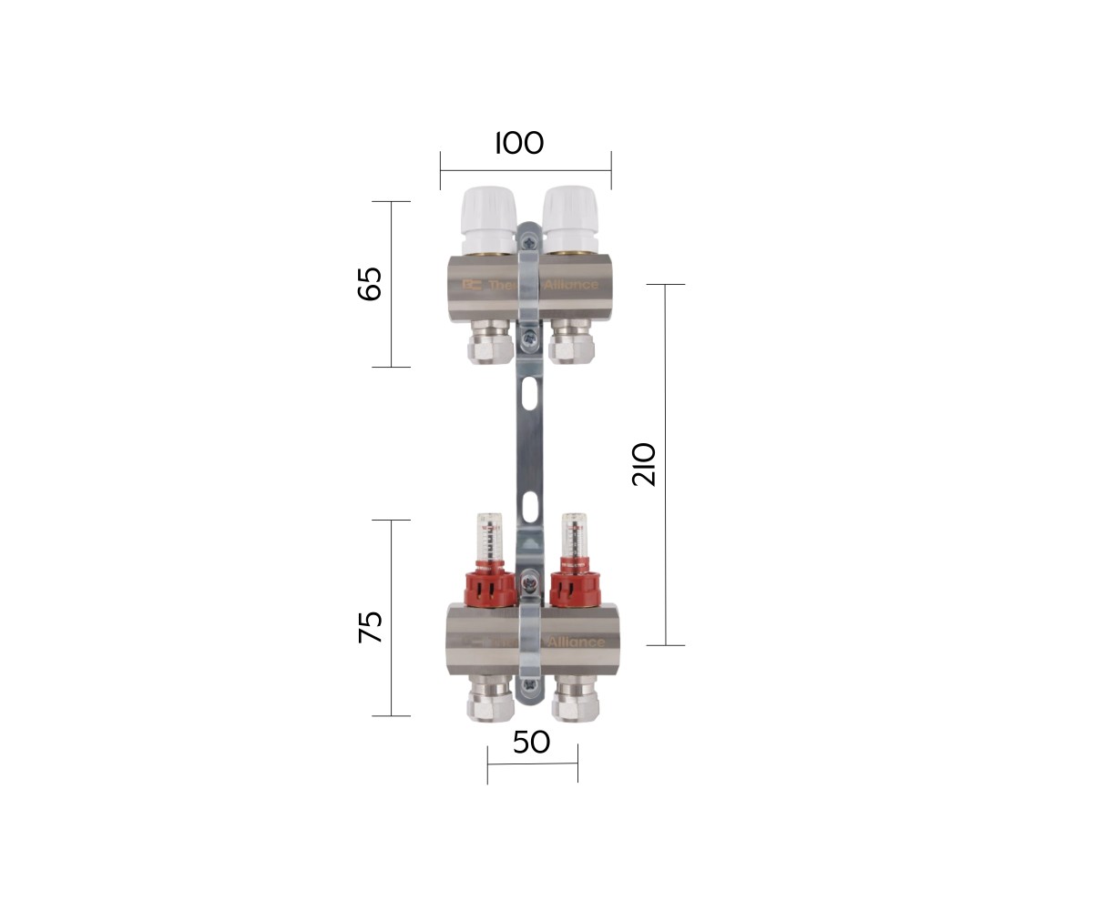 Коллектор латунный с расходомерами и евроконусами Thermo Alliance Standart 1 на 2 выхода TAS235W2E  TAS235W2E:Чертеж 