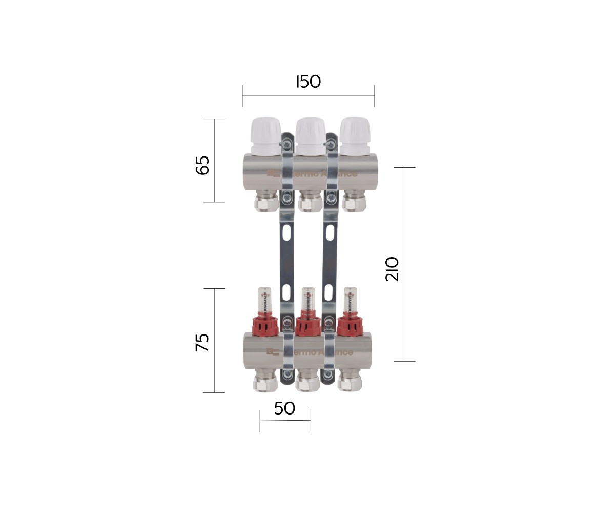 Коллектор латунный с расходомерами и евроконусами Thermo Alliance Standart 1 на 3 выхода TAS235W3E  TAS235W3E:Чертеж 