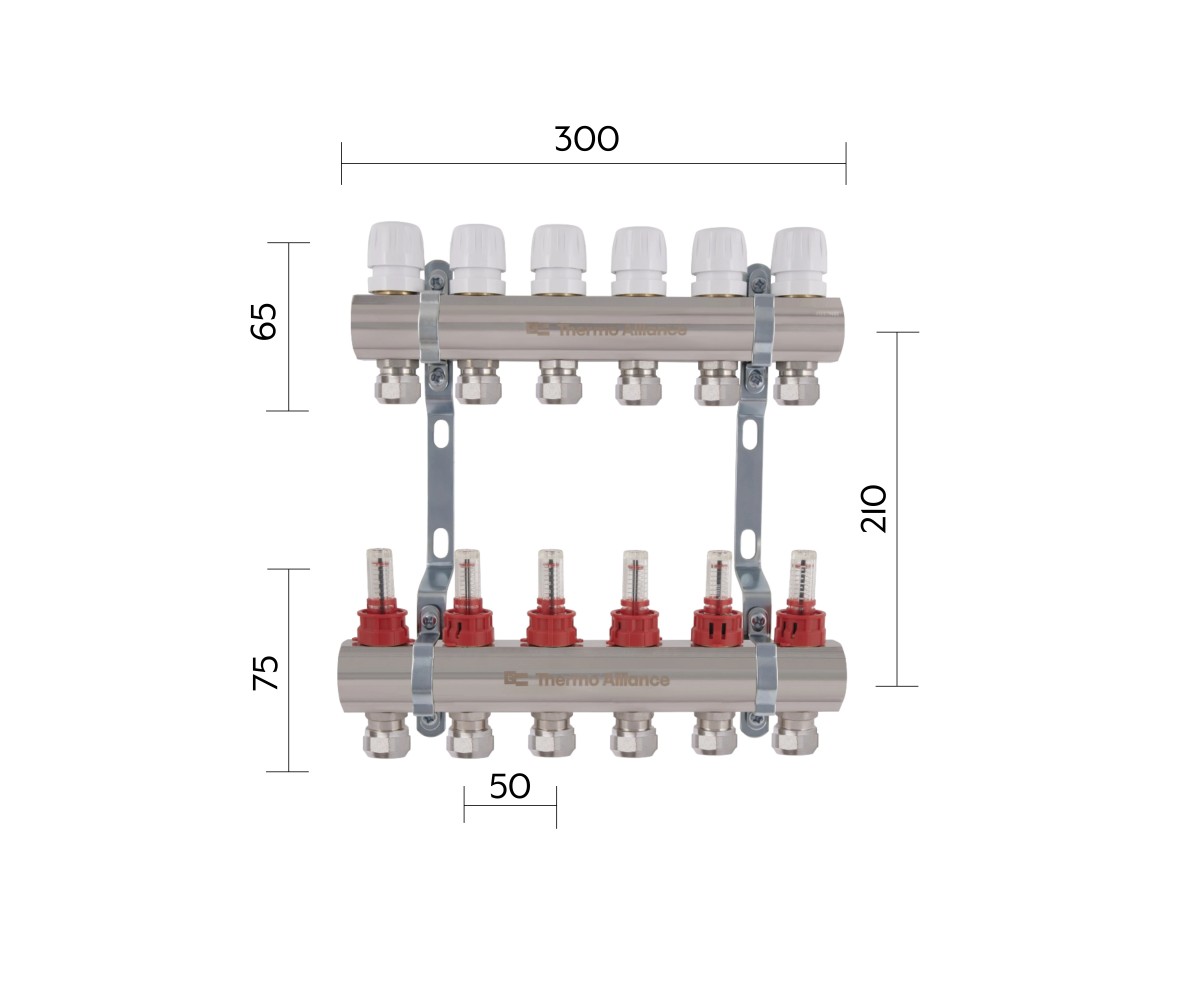 Коллектор латунный с расходомерами и евроконусами Thermo Alliance Standart 1 на 6 выходов TAS235W6E  TAS235W6E:Чертеж 