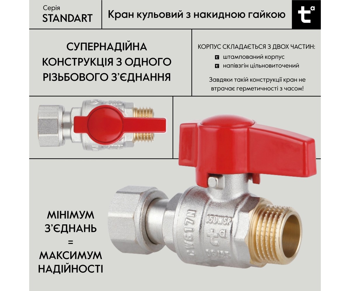 Кран шаровой 1/2вн прямой, PN40, с накидной гайкой Standart TAS261W15 Thermo Alliance  TAS261W15:Фото 2
