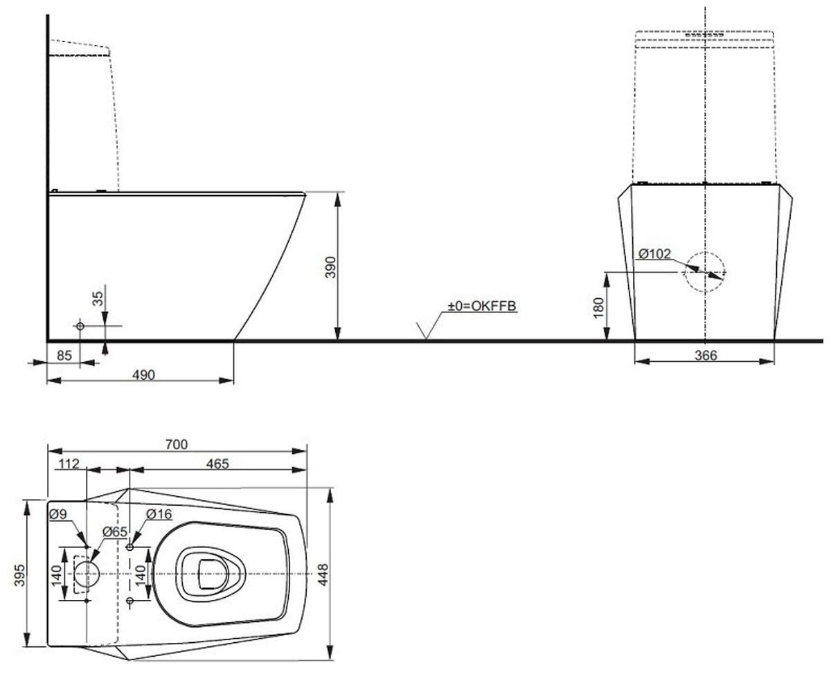 Унитаз моноблок  JEWELHEX CW680PB:Чертеж 