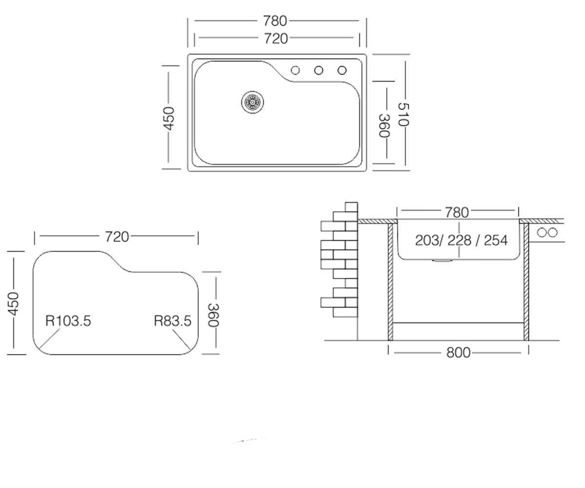 Кухонная мойка с одной чашей  DXT 780 GT 8K:Чертеж 