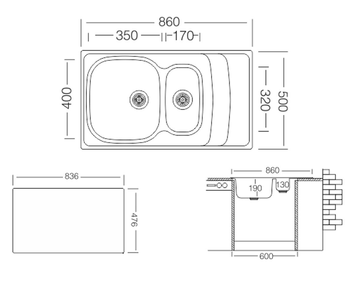 Кухонная полуторная мойка  WAVE L 860.500 15 GT 8K:Чертеж 