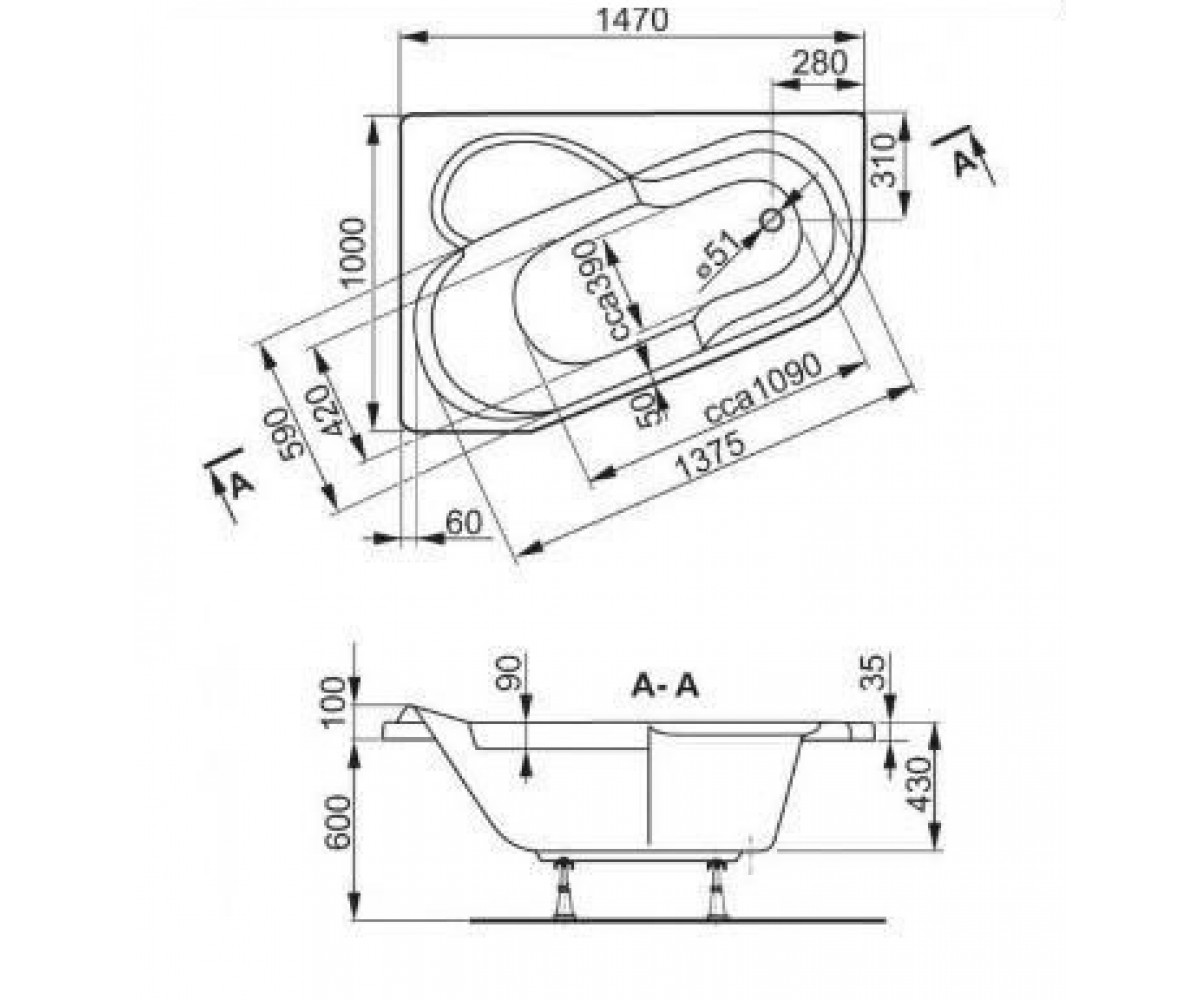 Ванна правая 147х100 см  SELENA VPBA141SEL3PE-01:Чертеж 
