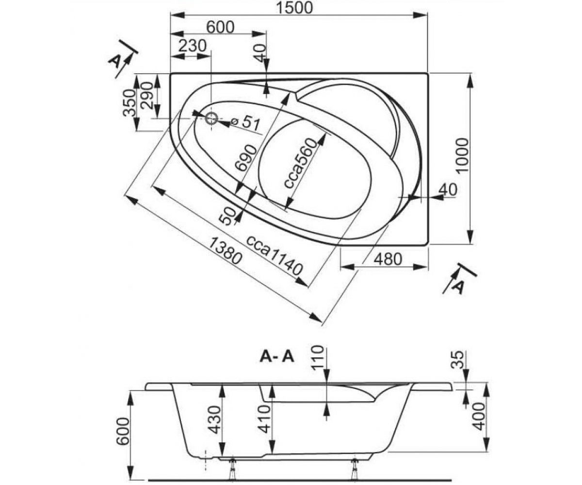 Ванна левая 150х100 см  FLORA VPBA151FLA3LX-01:Чертеж 