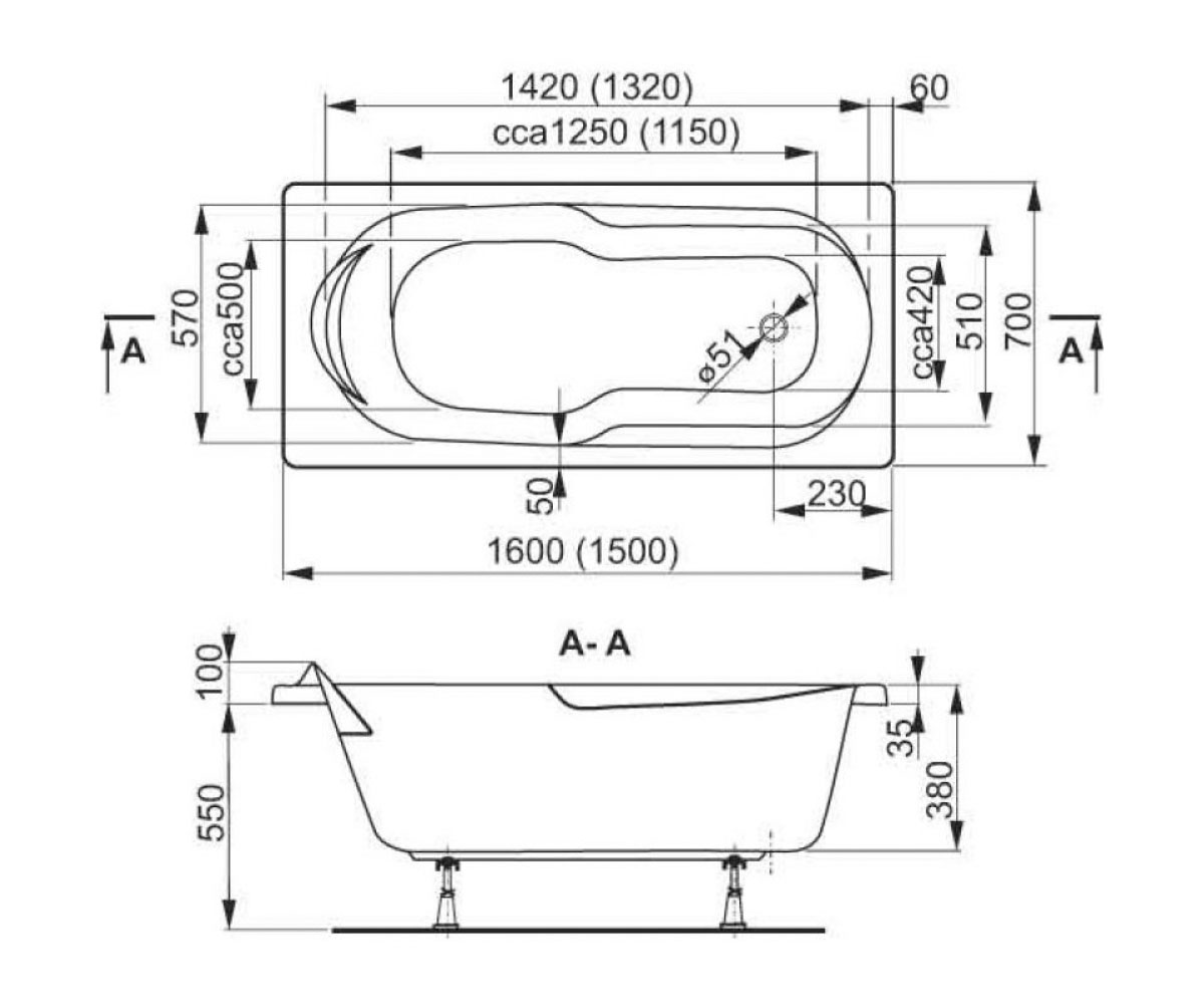 Ванна прямоугольная 150х70 см  NYMFA VPBA157NYM2E-01:Чертеж 