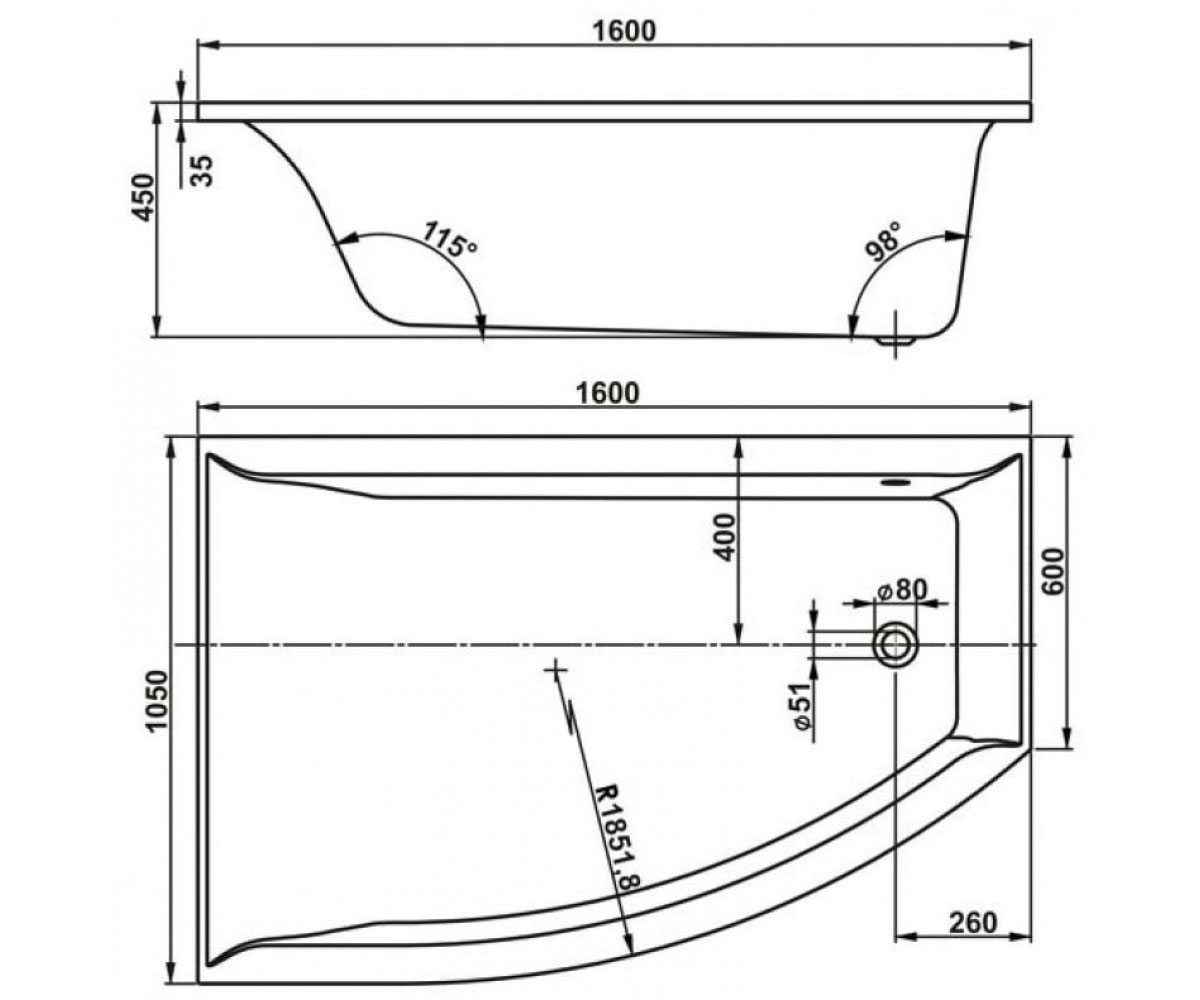 Ванна правая 160х105 см  VERONELLA OFFSET VPBA160VEA3PX-04:Чертеж 