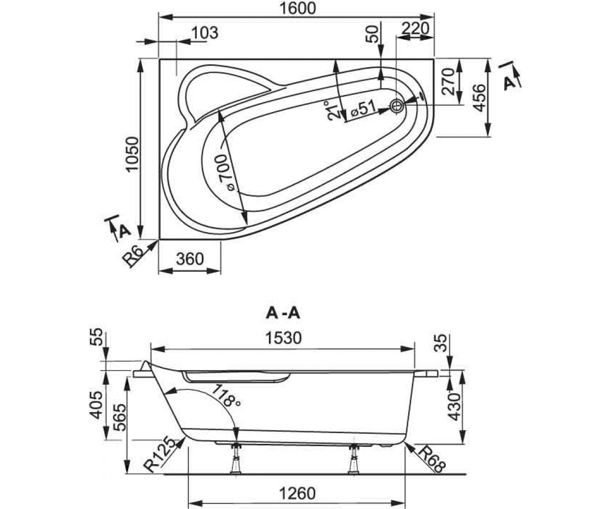 Ванна левая 160х105 см  SELENA VPBA163SEL3LX-04:Чертеж 