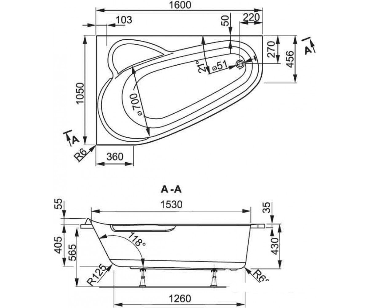 Ванна угловая 160 см  SELENA VPBA163SEL3PX-01:Чертеж 