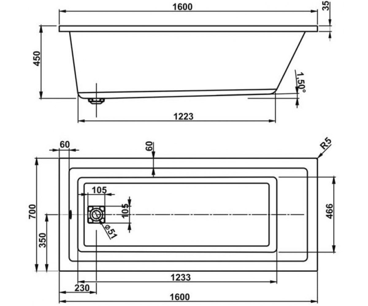 Ванна прямоугольная 160х70 см  CAVALLO VPBA167CAV2X-04:Чертеж 