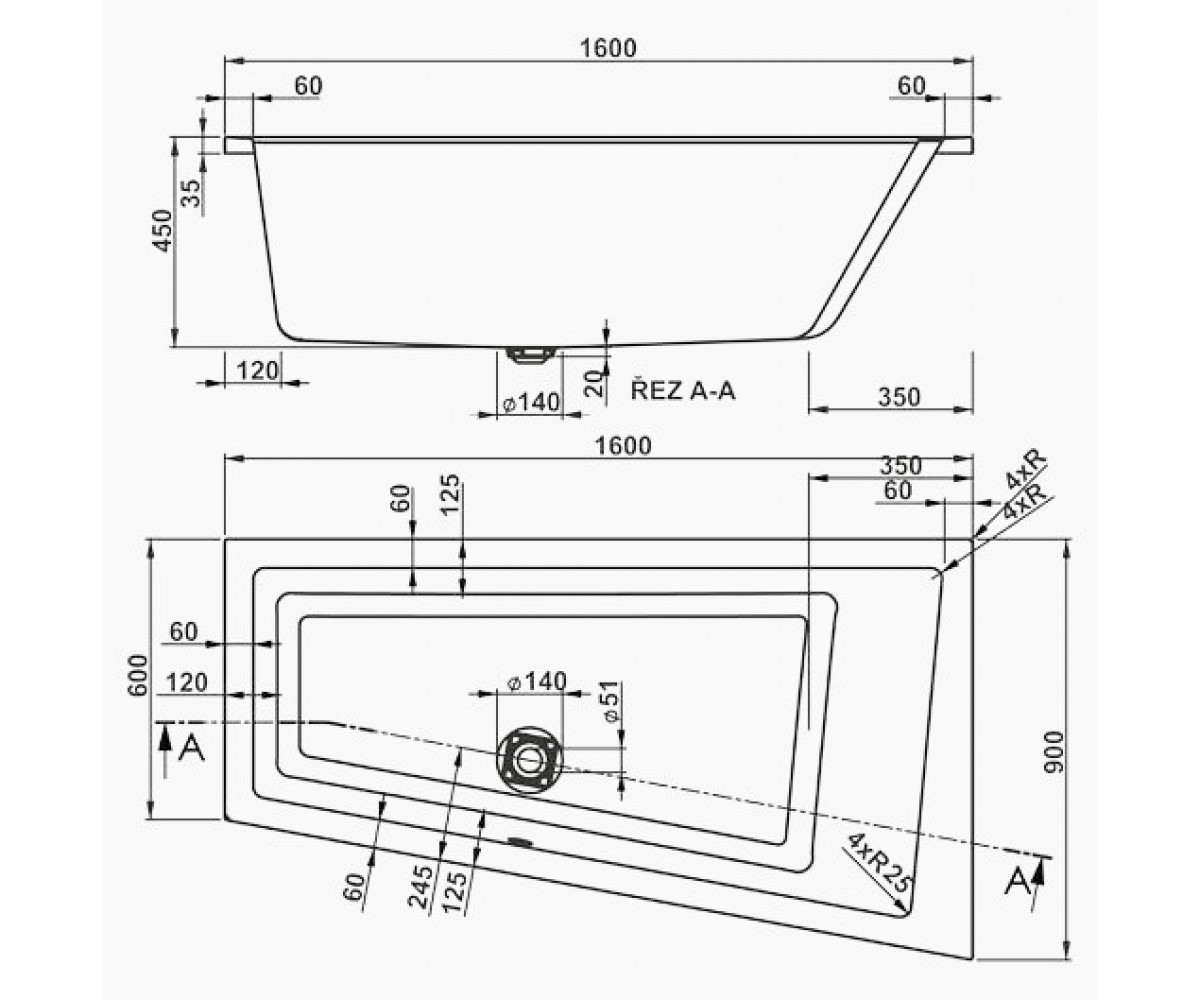 Ванна правая 160х90 см  CAVALLO OFFSET VPBA169CAV3PX-01:Чертеж 