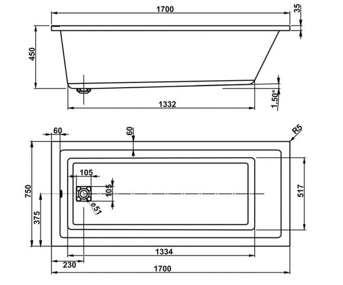 Акриловая ванна 170х75 см  CAVALLO VPBA170CAV2X-04:Чертеж 