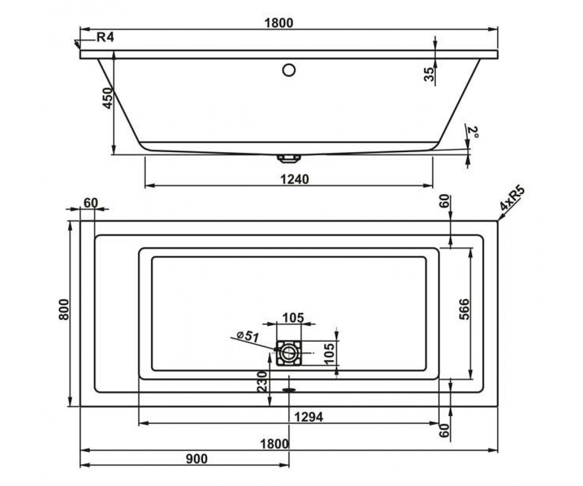 Ванна прямоугольная 180х80 см  CAVALLO VPBA180CAV2X-01:Чертеж 