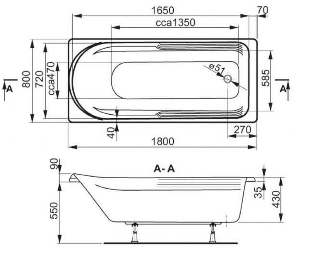 Прямоугольная ванна 180х80 см  HERA VPBA180HER2X-01:Чертеж 