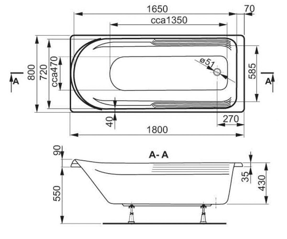 Прямоугольная ванна 180х80 см  HERA VPBA180HER2X-04:Чертеж 