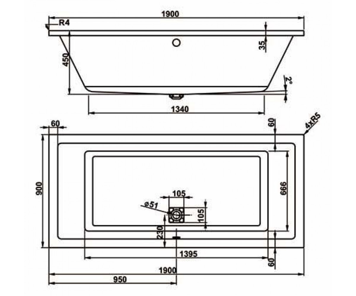 Прямоугольная ванна  CAVALLO VPBA190CAV2X-01:Чертеж 