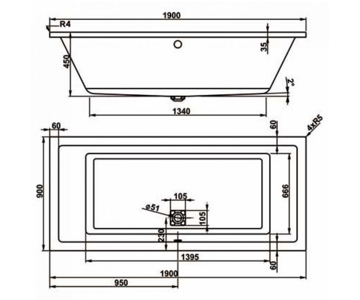 Ванна прямоугольная 190х90 см  CAVALLO VPBA190CAV2X-04:Чертеж 