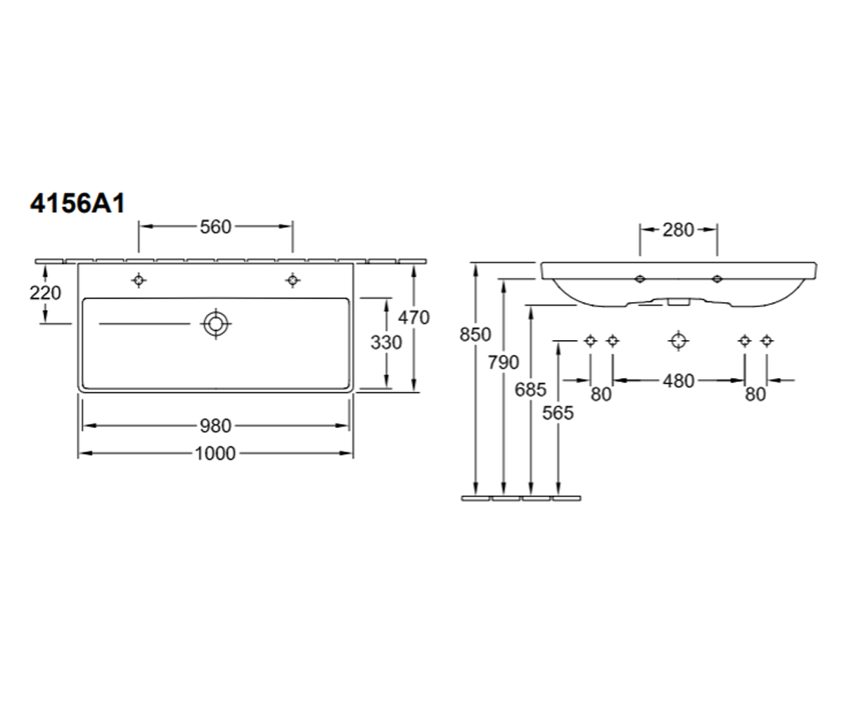 Раковина прямоугольная 100 см  AVENTO 4156A101:Чертеж 