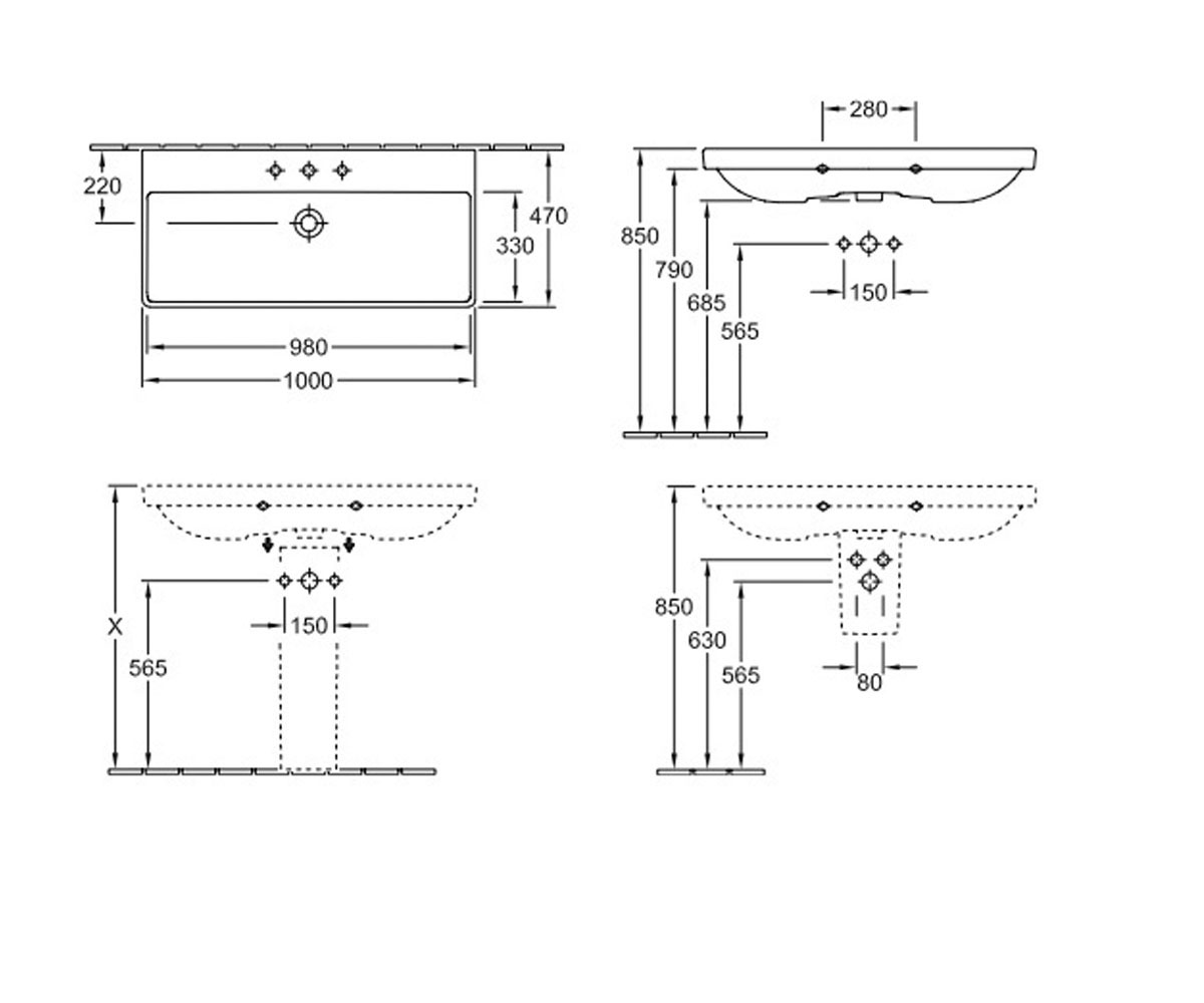 Раковина прямоугольная 100 см  AVENTO 4156A5R1:Чертеж 