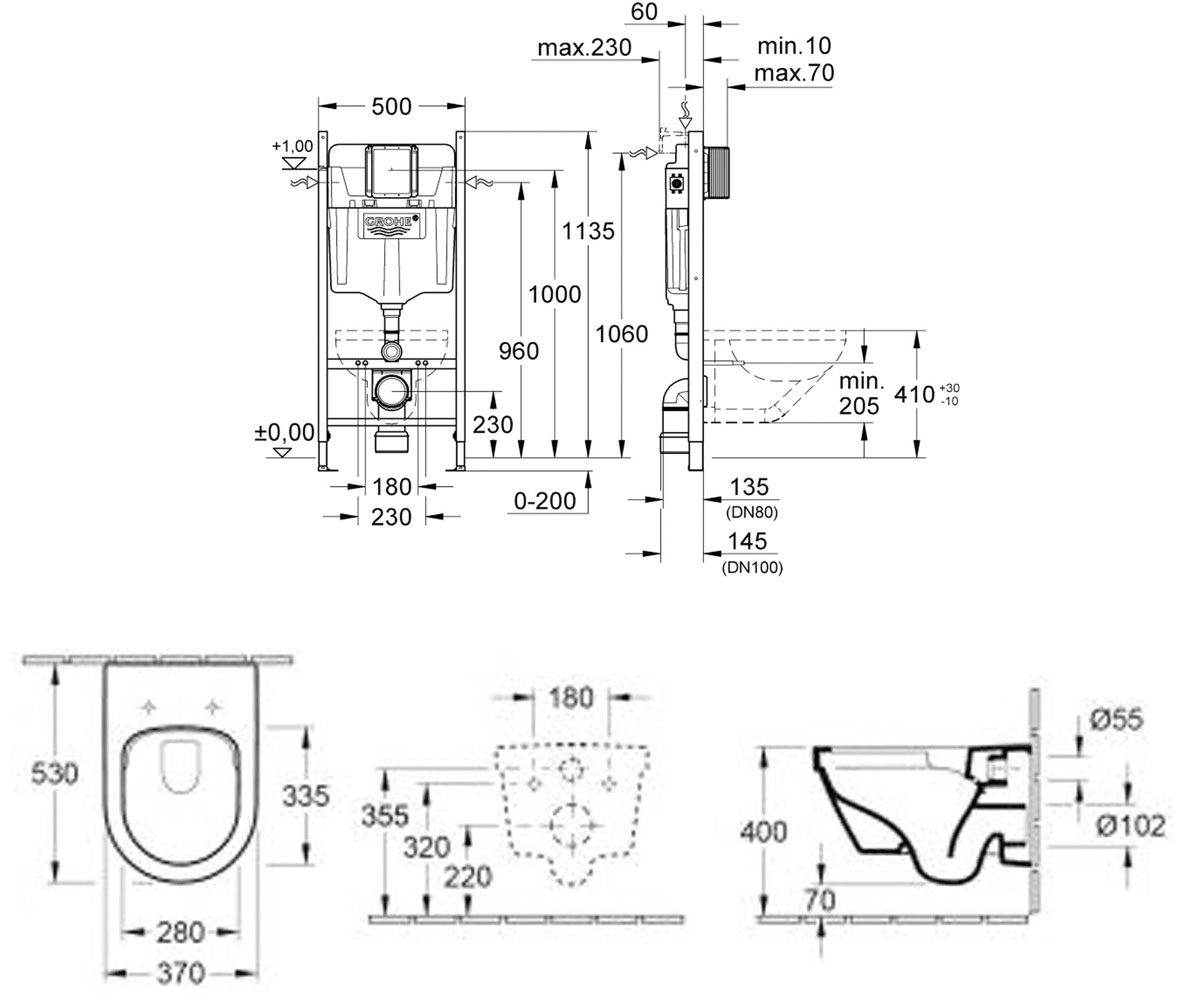 Унитаз с инсталляцией 3 в 1  ARCHITECTURA 4694HR01+3884000G:Чертеж 