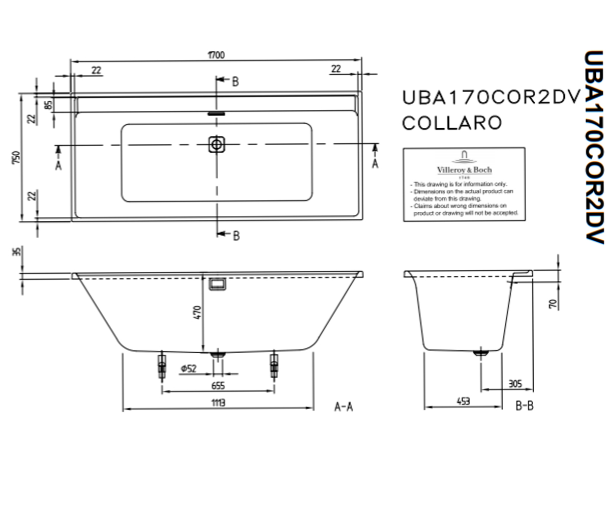 Ванна акриловая 170х75 см  COLLARO UBA170COR2DV-01:Чертеж 