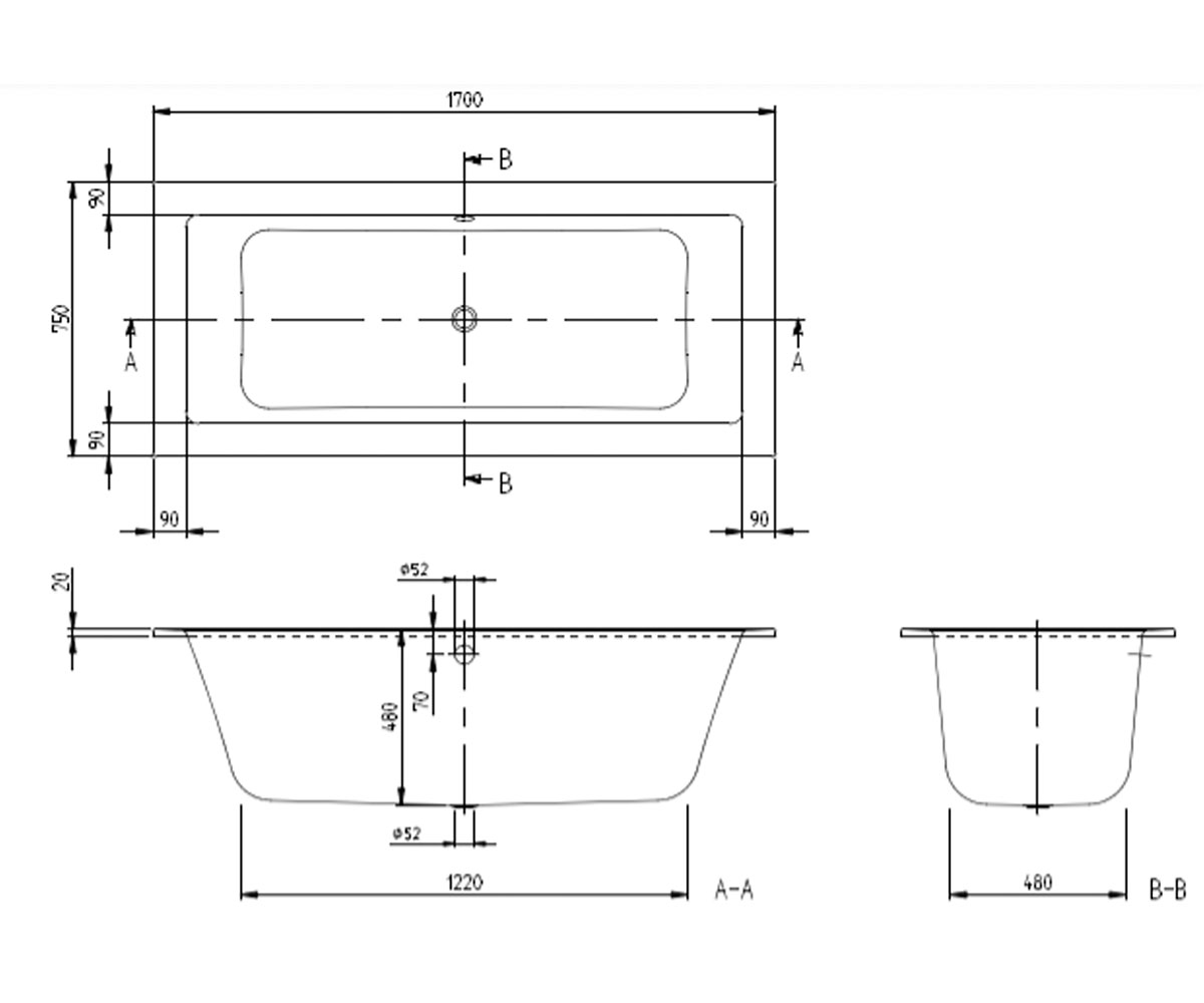 Ванна прямоугольная 170х75 см  LEGATO UBA170LEG2V-01:Чертеж 