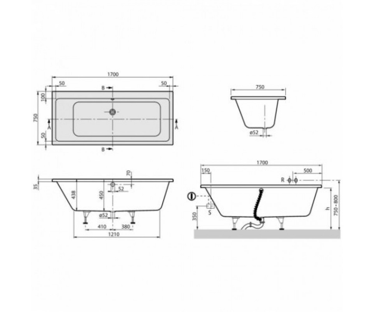 Ванна без ножек  SUBWAY UBA170SUB2V-01:Чертеж 