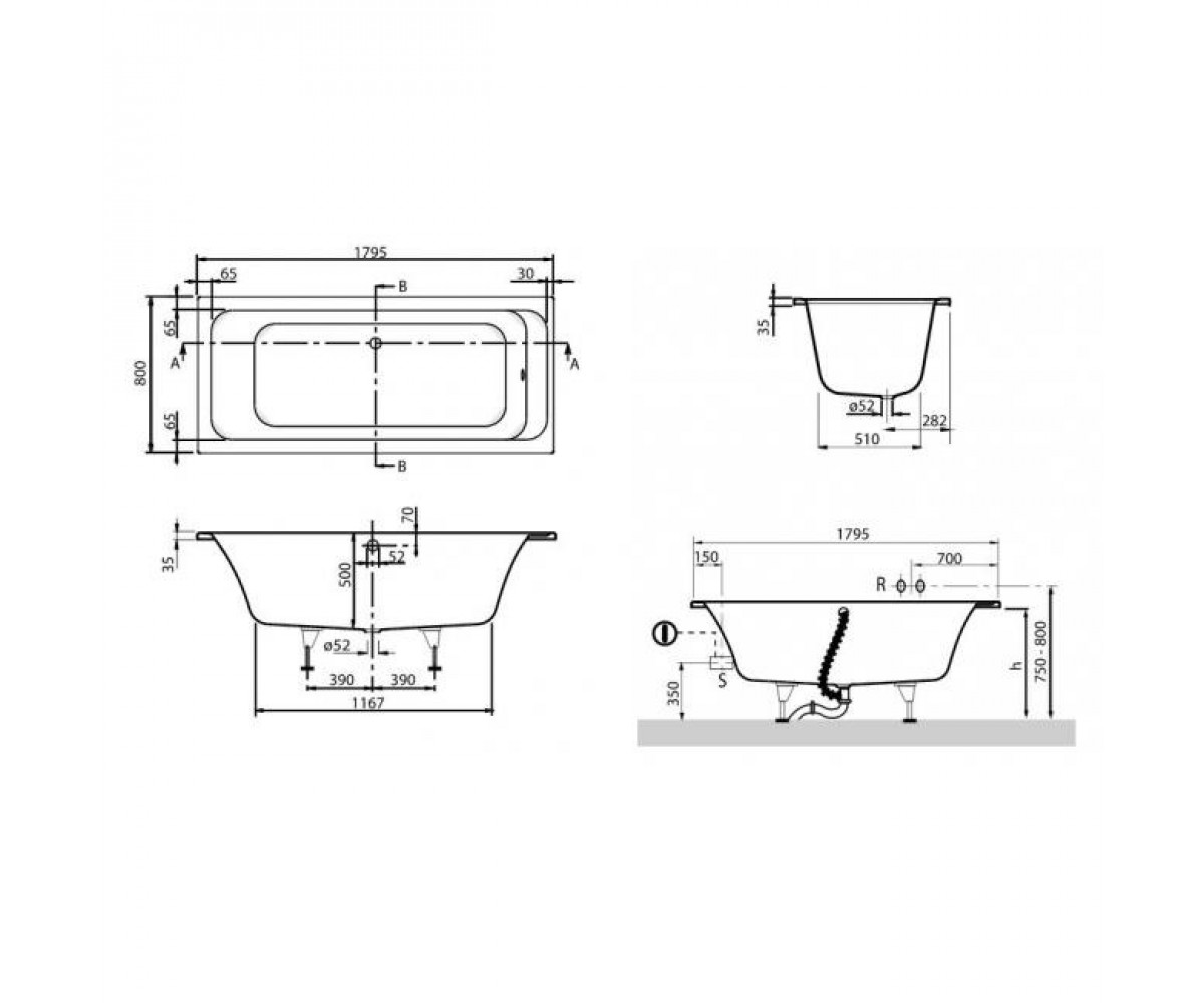 Ванна акриловая 180х80 см  ARCHITECTURA UBA180ARA2V-01:Чертеж 