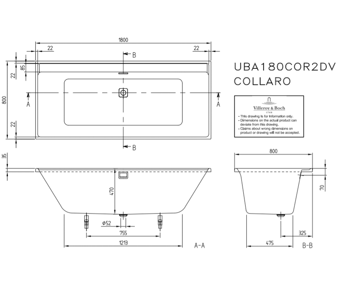Ванна акриловая 180х80 см  COLLARO UBA180COR2DV-01:Чертеж 