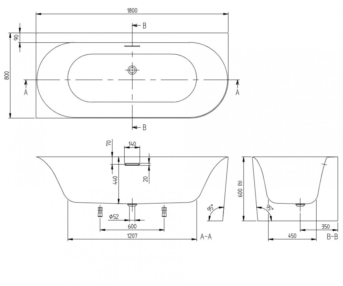 Пристенная ванна  LOOP & FRIENDS UBA180LOF9CL00V-01+U90959001:Чертеж 