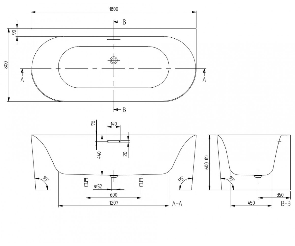 Акриловая ванна  LOOP & FRIENDS UBA180LOF9CS00V-01+U90959001:Чертеж 