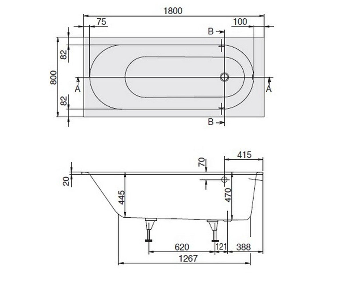 Ванна квариловая 180х80 см  OBERON UBQ180OBE2V-01 BN:Чертеж 